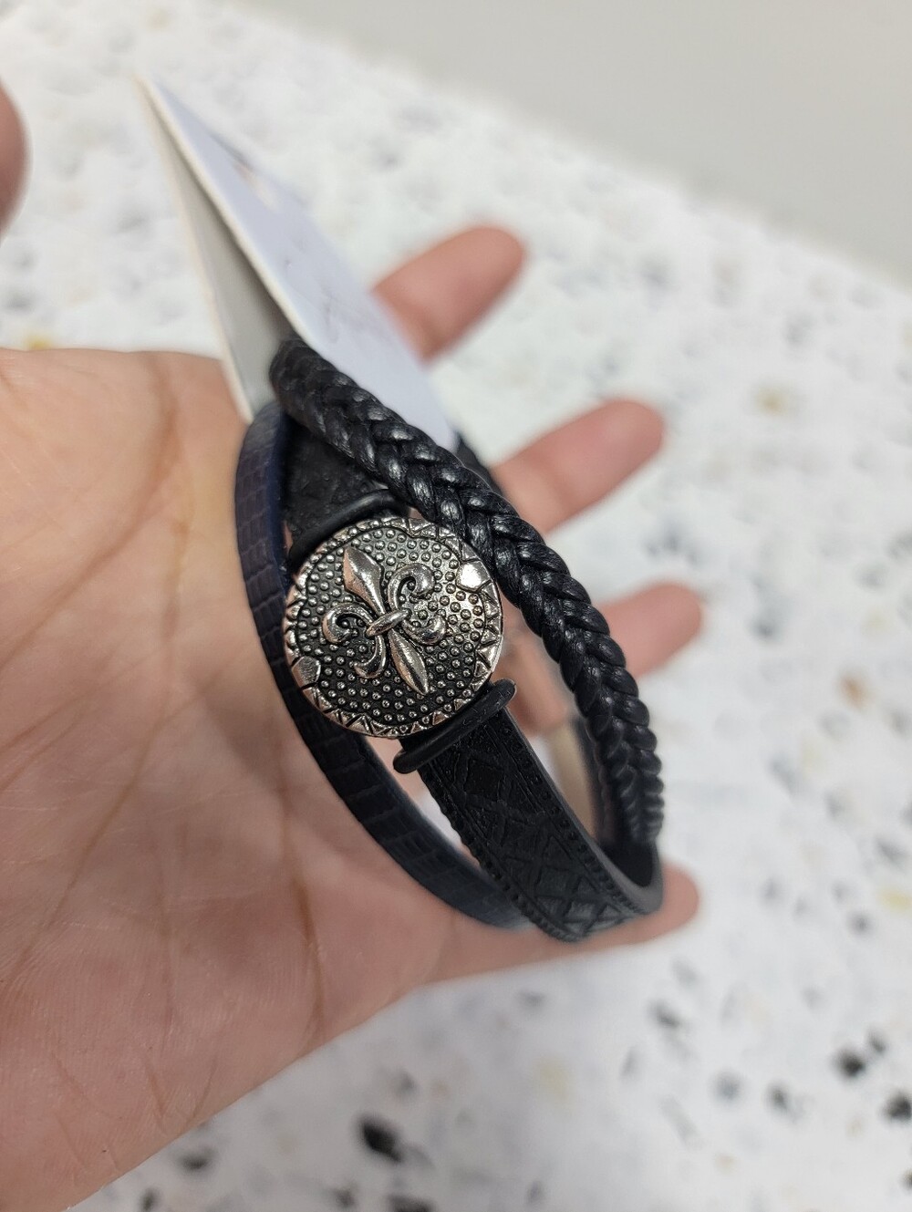 Black Leather Multi-Strand Bracelet with Fleur-de-Lis Accent